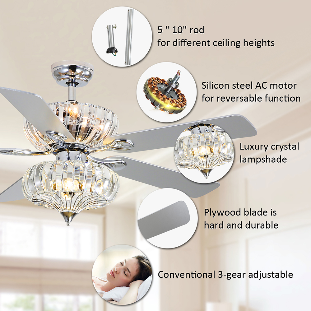 52" Metal Crystal Ceiling Fan Lamp with 5 Blades, and Remote Control, for Living Room, Bedroom, Corridor, Dining Room - Chrome