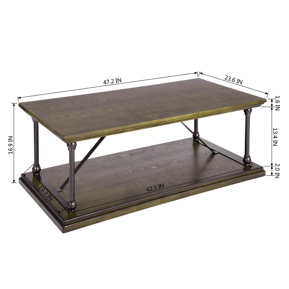 47.2" Rectangle Wooden Coffee Table, with Storage Shelf, and Metal Frame, for Kitchen, Restaurant, Office, Living Room, Cafe - Brown