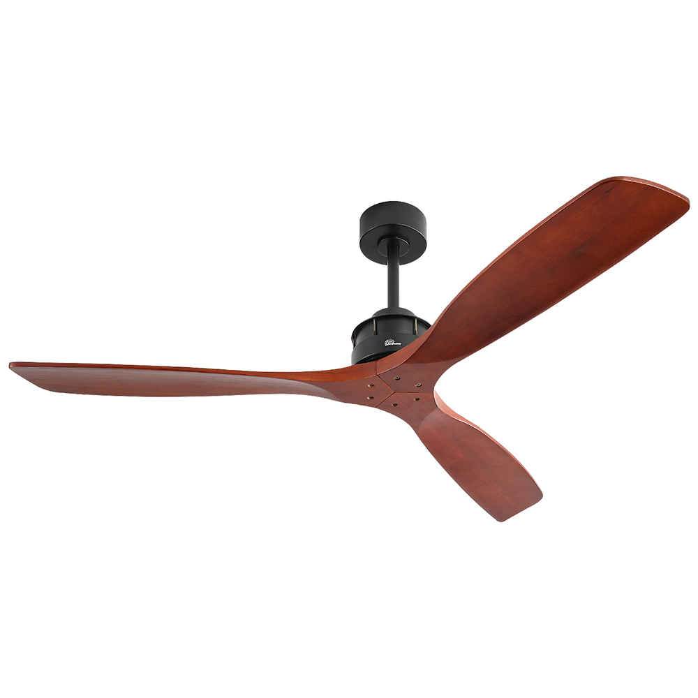 60" Metal Ceiling Fan Lamp with 3 Wooden Blades, and Remote Control, for Living Room, Bedroom, Corridor, Dining Room - Black + Red