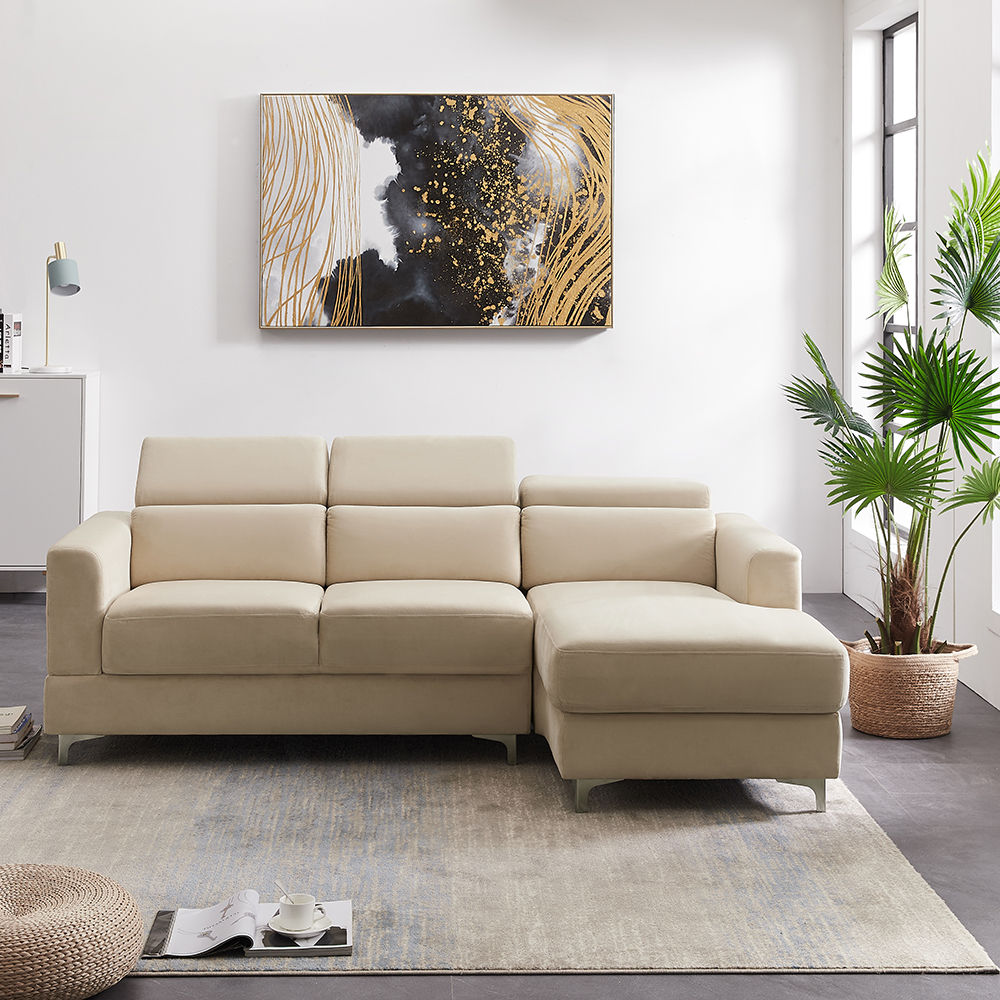 84.6" 3-Seat Velvet Upholstered Sofa with Wooden Frame, and Metal Legs, for Living Room, Bedroom, Office, Apartment - Beige
