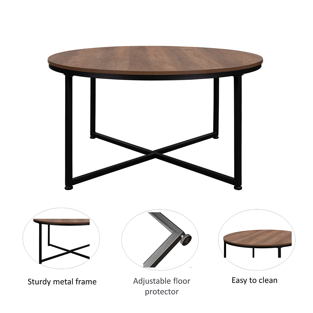 35" Round Wooden Coffee Table, with Metal Frame, for Kitchen, Restaurant, Office, Living Room, Cafe - Dark Brown