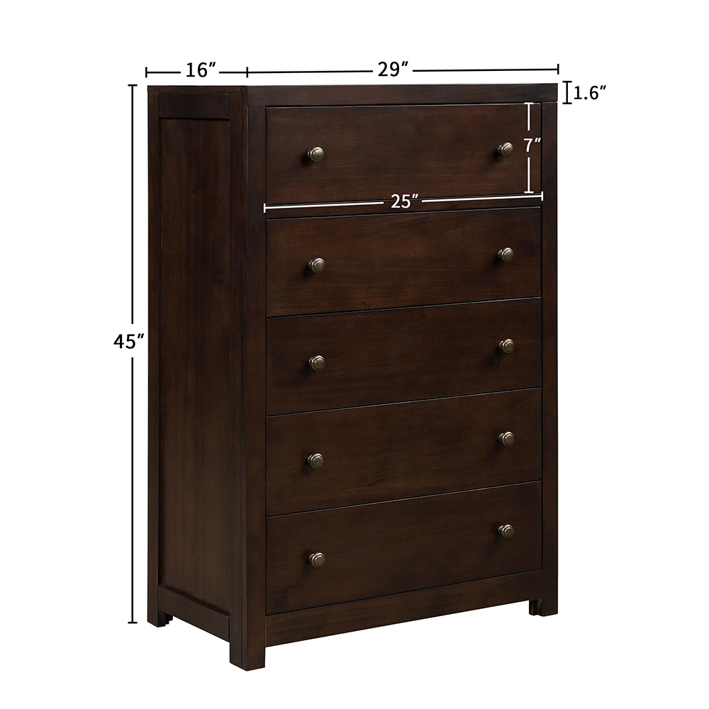 29" Solid Wood Chest with 5 Storage Drawers, for Bedroom, Living Room, Entrance - Brown