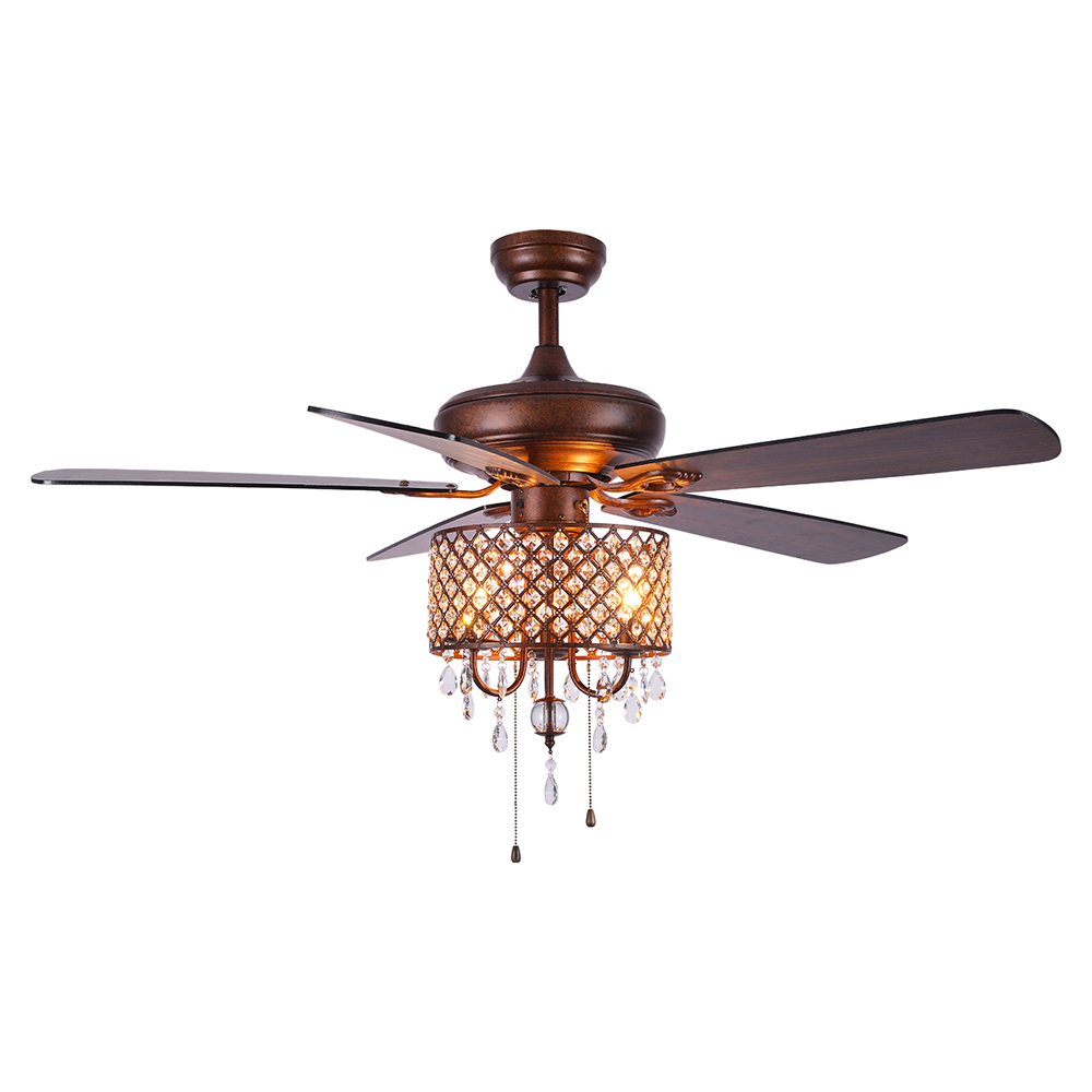 52" Metal Crystal Ceiling Fan Lamp with 5 Reversible Wood Blades, and Remote Control, for Living Room, Bedroom, Corridor, Dining Room - Rustic Brown