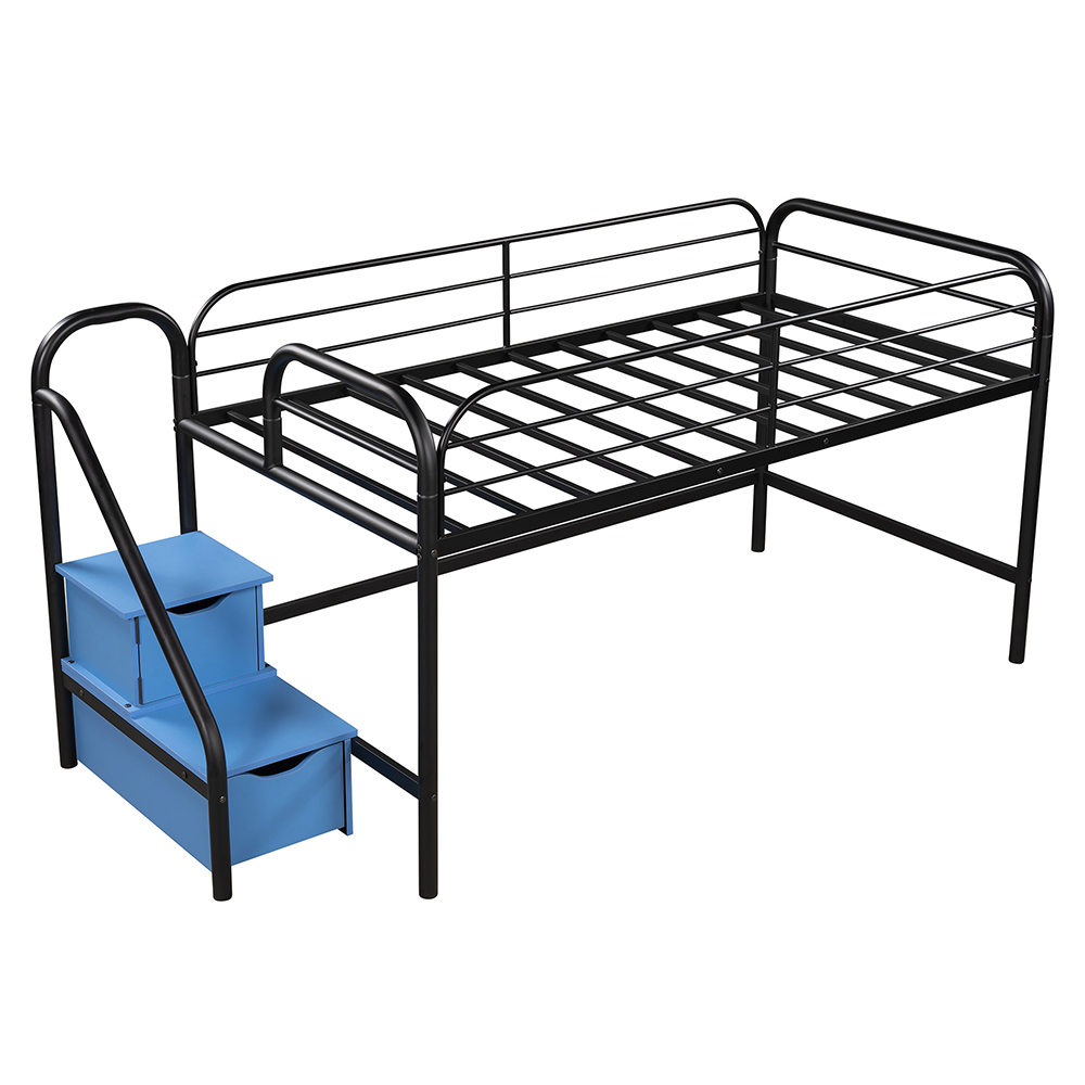 Twin-Size Loft Bed Frame with 2 Storage Stairs, and Metal Slats Support, Space-saving Design, No Box Spring Needed - Blue