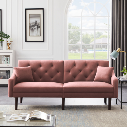 74.8" 2-Seat Velvet Upholstered Sofa Bed with 2 Pillows, and Wooden Frame, for Living Room, Bedroom, Office, Apartment - Pink
