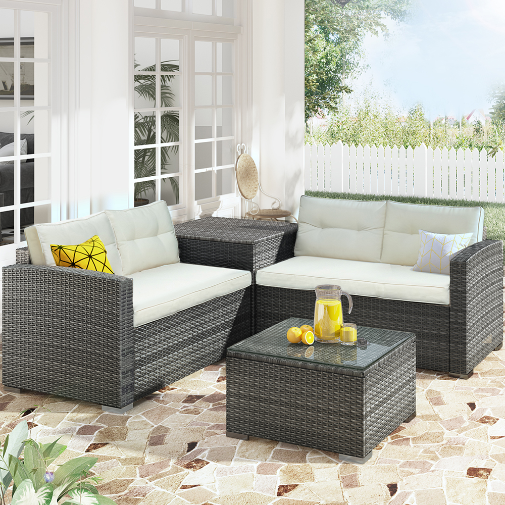U-STYLE 5 Pieces Outdoor Rattan Furniture Set, Including 2 2-Seat Sofa, 1 Coffee Table, and 1 Storage Box, for Garden, Terrace, Porch, Poolside, Beach - Beige