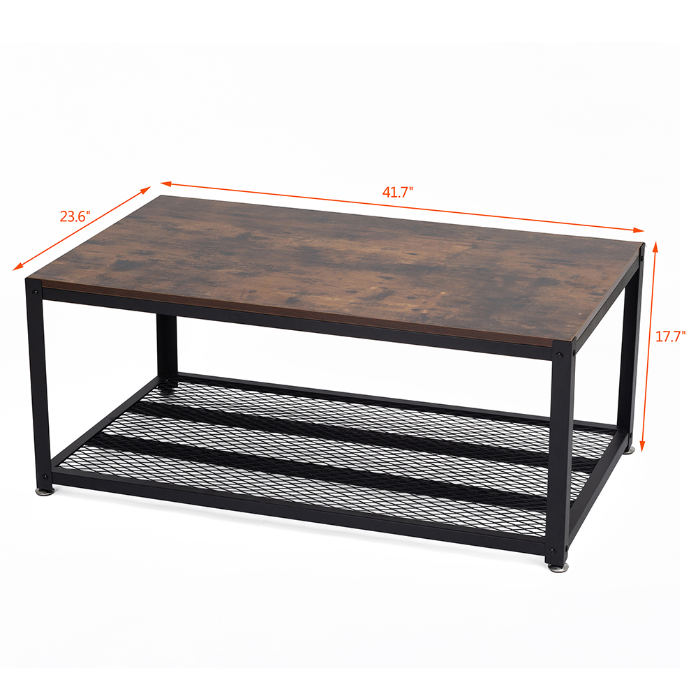 41.7" Metal Coffee Table, with Wooden Tabletop, and Storage Shelf, for Kitchen, Restaurant, Office, Living Room, Cafe - Brown