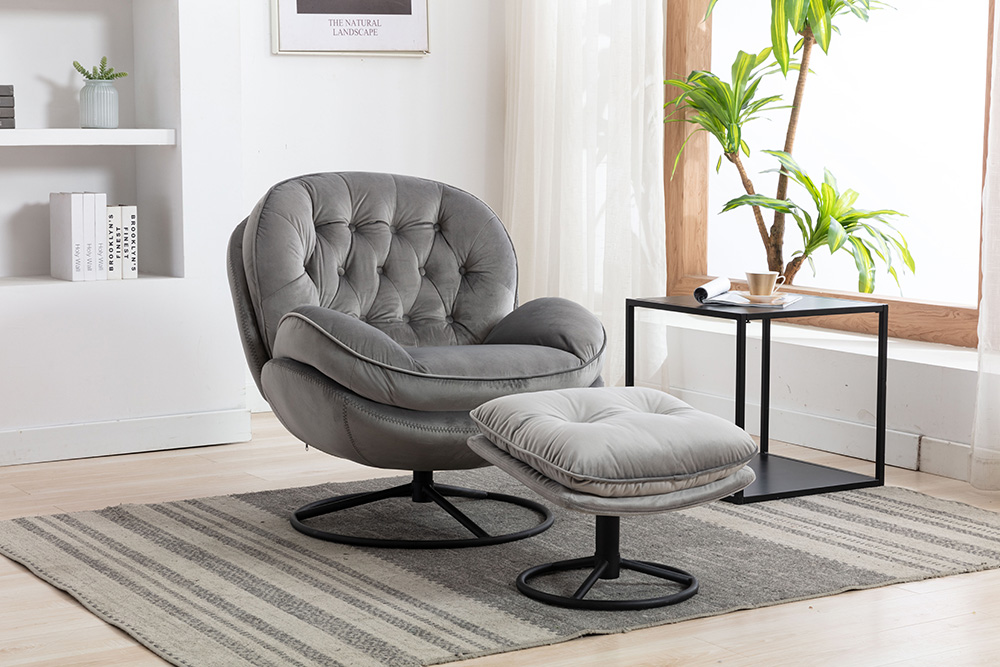 Modern Style Velvet Sofa Chair with Ottoman, and Metal Frame, for Living Room, Bedroom, Dining Room, Office - Gray