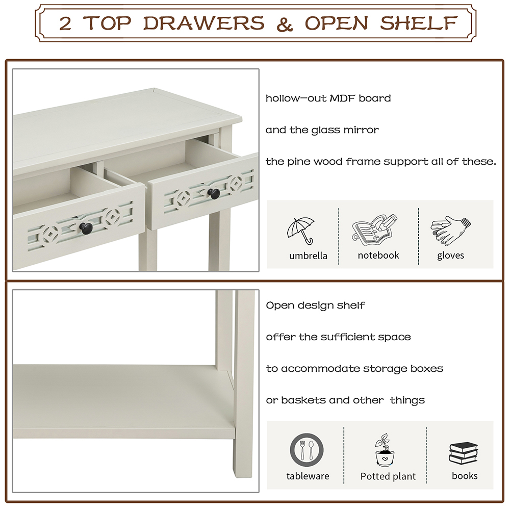 TREXM 35.4" Wooden Console Table with 2 Storage Drawers, and Bottom Shelf, for Entrance, Hallway, Dining Room, Kitchen - White