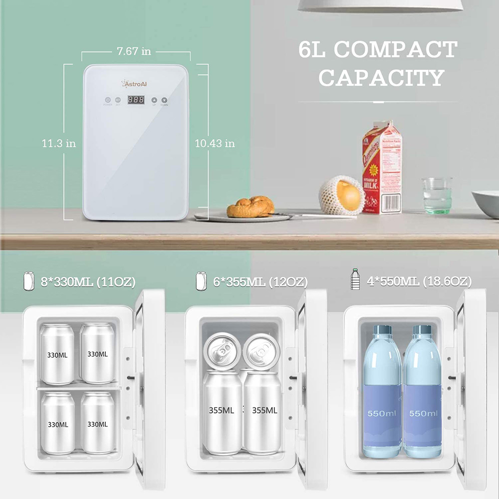 AstroAI Portable Mini Refrigerator 6L / 8 Can Capacity with Temperature Control Panel for Bedroom, Car, Dormitory, Apartment - White