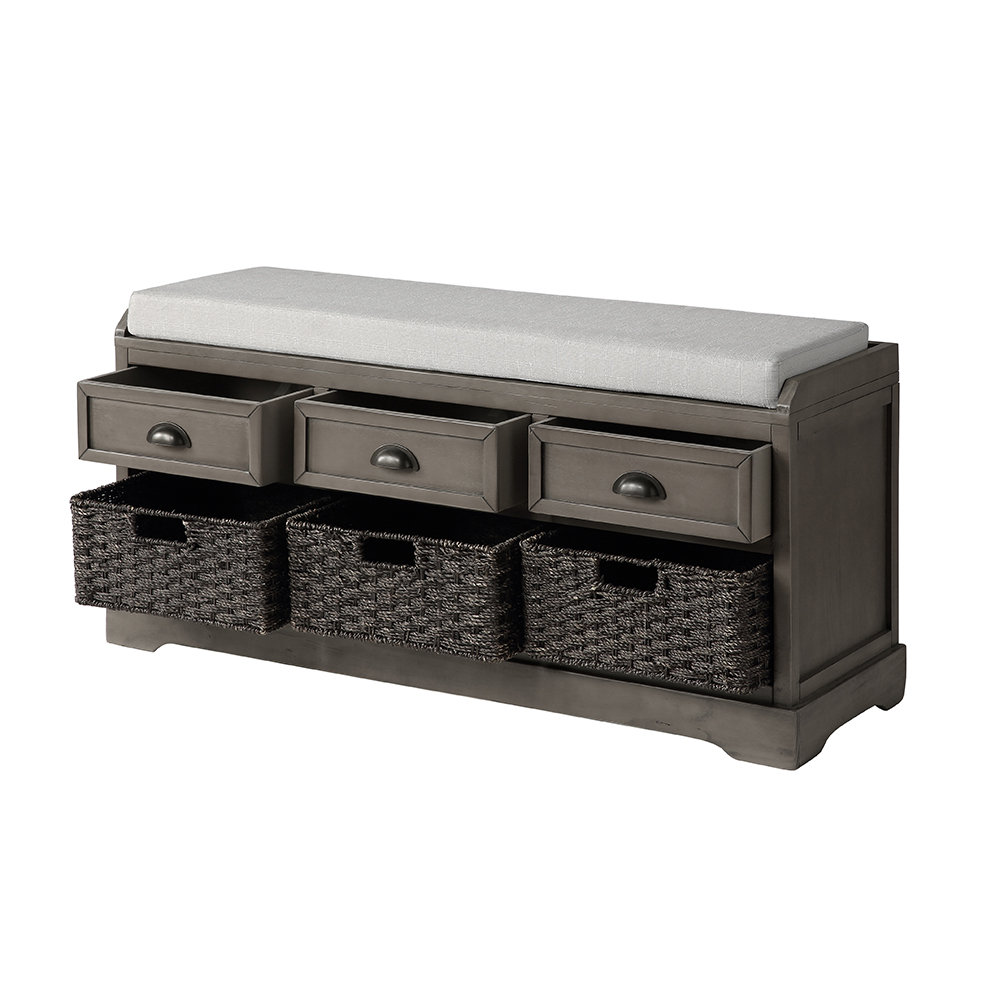 U-STYLE 44" Storage Bench with 3 Drawers, 3 Baskets, and Wooden Frame, for Entrance, Hallway, Bedroom, Living Room - Gray