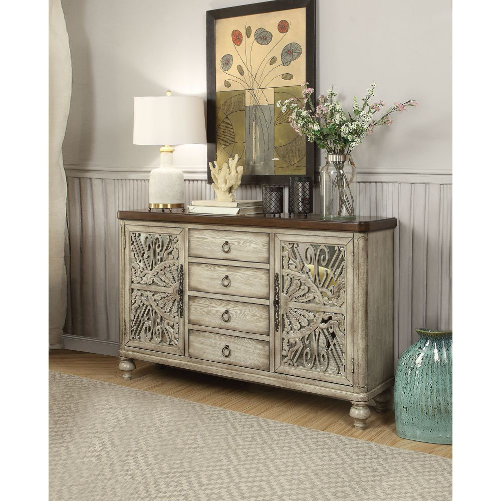 ACME Vermont 60" Wooden Console Table with 4 Storage Drawers, and 2 Cabinets, for Entrance, Hallway, Dining Room, Kitchen - Antique White