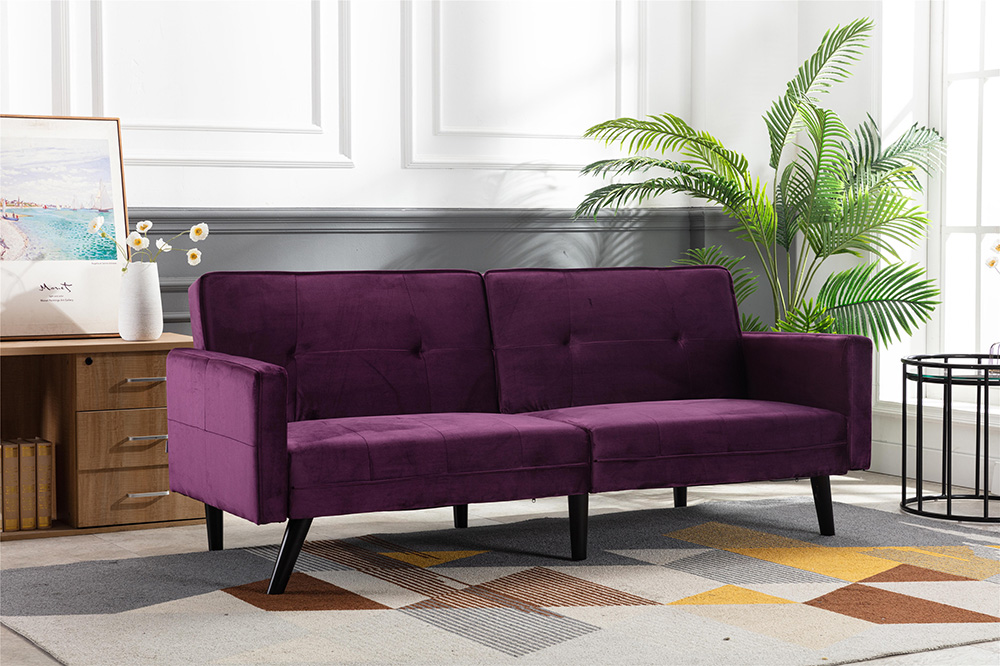 COOLMORE 2-Seat Velvet Upholstered Sofa Bed with Wooden Frame, for Living Room, Bedroom, Office, Apartment - Purple