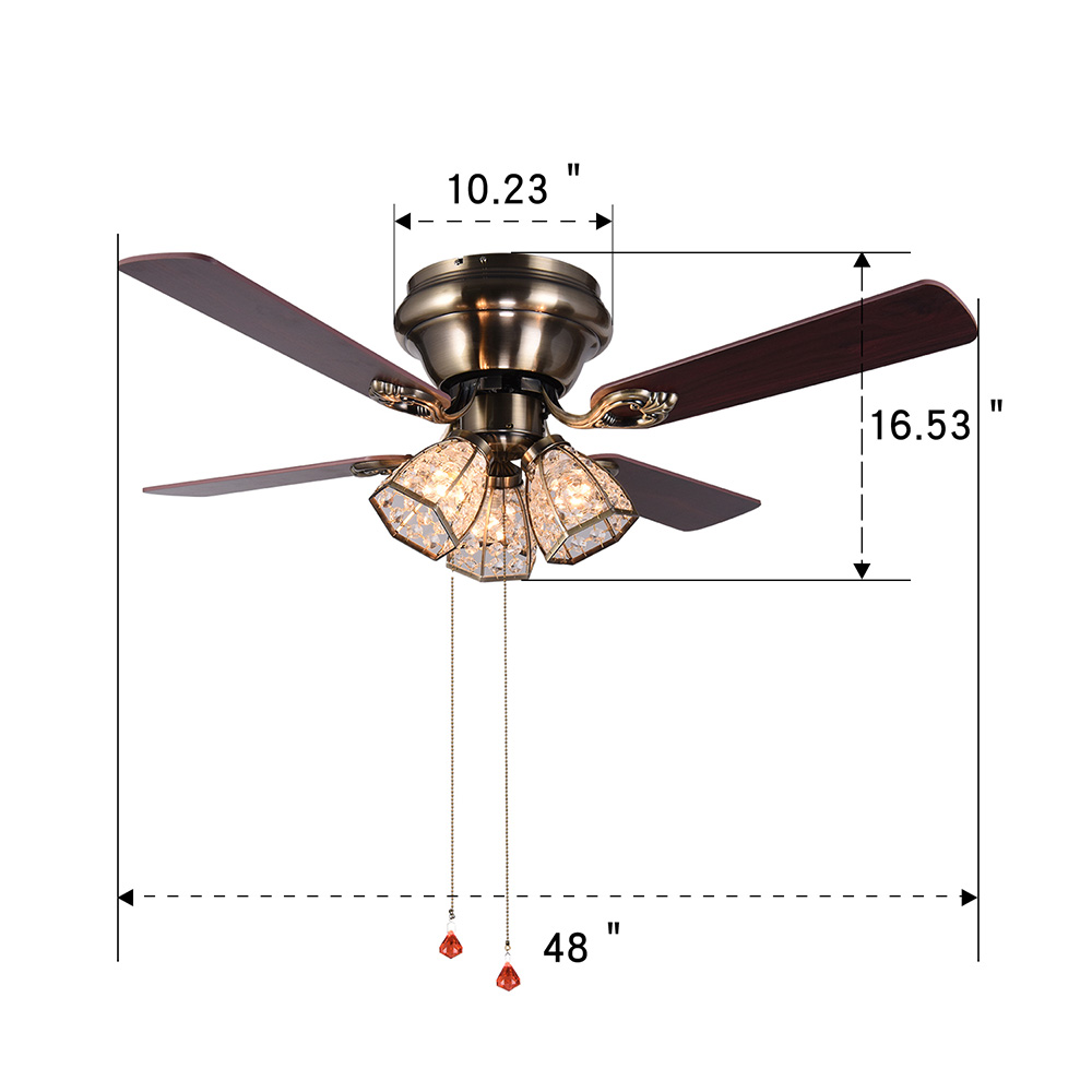 48" Metal Crystal Ceiling Fan Lamp with 4 Blades, and Pull-chains Control, for Living Room, Bedroom, Corridor, Dining Room - Bronze