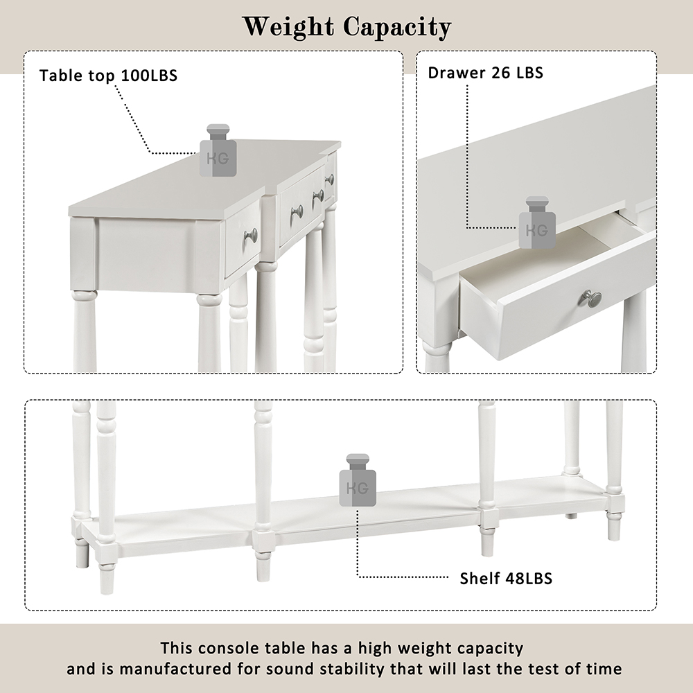 U-STYLE 58" Modern Style Wooden Console Table with 3 Storage Drawers, and Bottom Shelf, for Entrance, Hallway, Dining Room, Kitchen - White