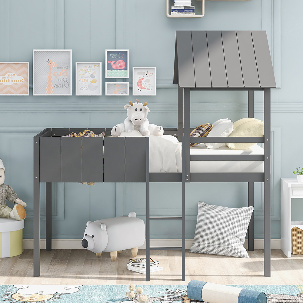 Twin-Size House-Shaped Loft Bed Frame with Guardrail, Ladder, and Wooden Slats Support, Space-saving Design, No Box Spring Needed - Gray