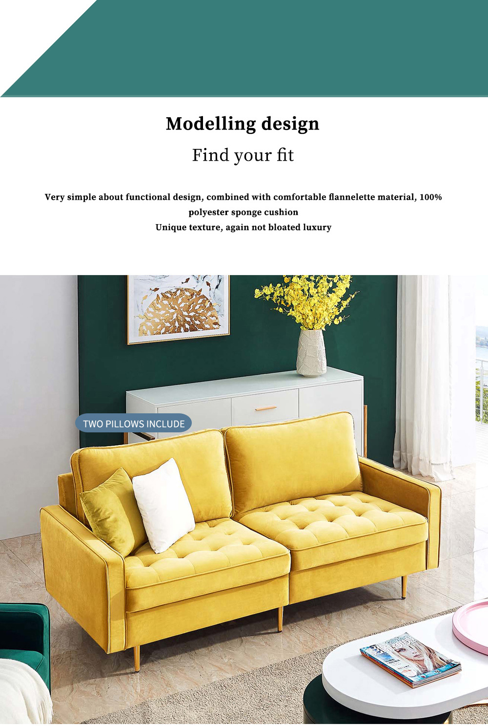 71" 3-Seat Velvet Upholstered Sofa with 2 Pillows, Wooden Frame and Metal Feet, for Living Room, Bedroom, Office, Apartment - Yellow