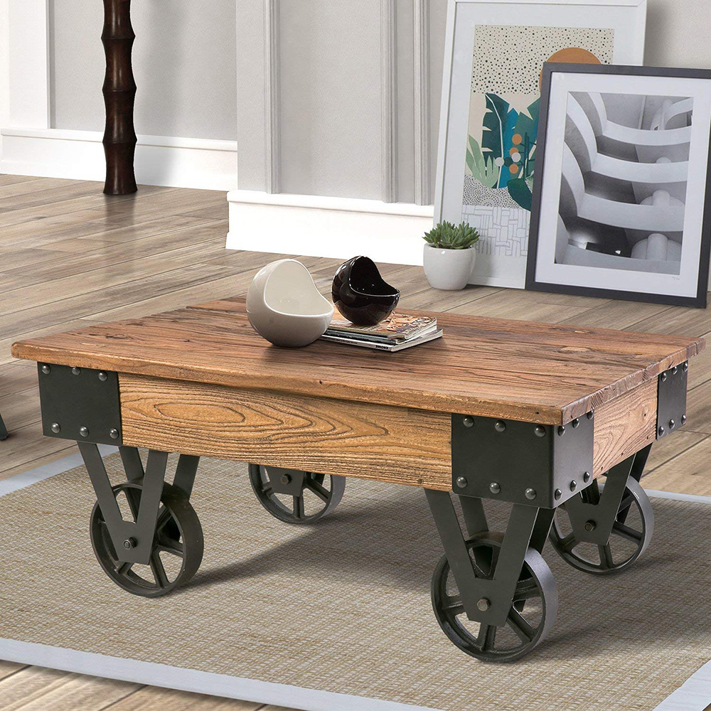 U-STYLE 35.43" Trolley-Shaped Wooden Coffee Table, with Wheels, for Kitchen, Restaurant, Office, Living Room, Cafe - Brown