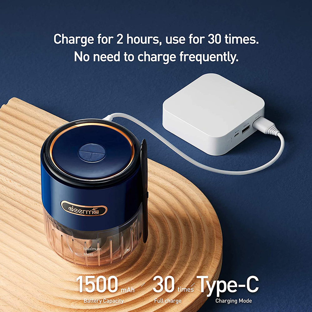 Deerma Mini Electric Food Chopper 150ML Capacity 1500 mAh Battery USB Charging - Navy Blue