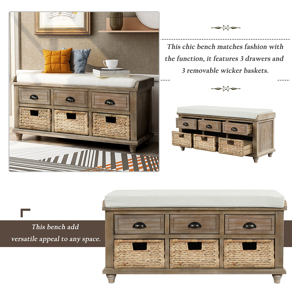 TREXM 42.1" Rustic Style Storage Bench with 3 Drawers, 3 Rattan Baskets, and Removable Cushion, for Entrance, Hallway, Bedroom, Living Room - White Washed