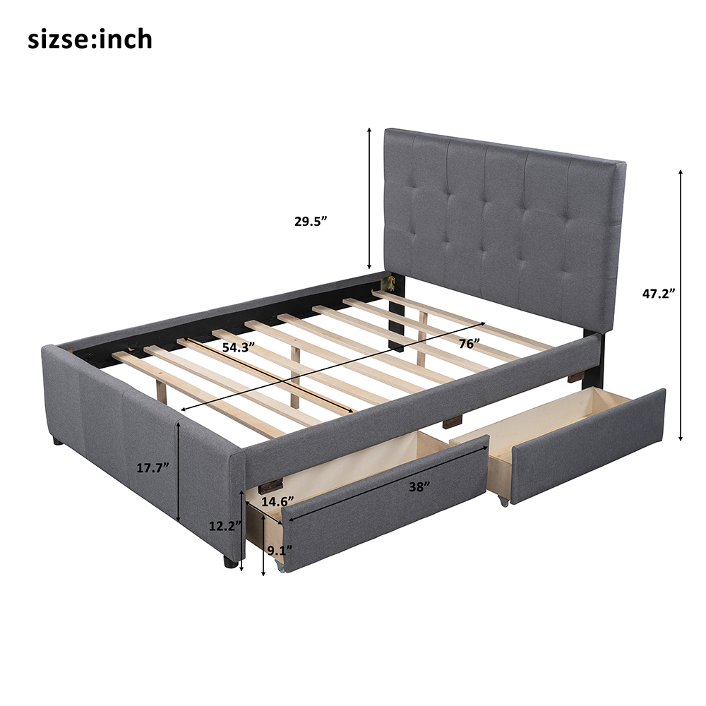 Full-Size Linen Upholstered Platform Bed Frame with 2 Storage Drawers, Headboard and Wooden Slats Support, No Box Spring Needed (Only Frame) - Gray