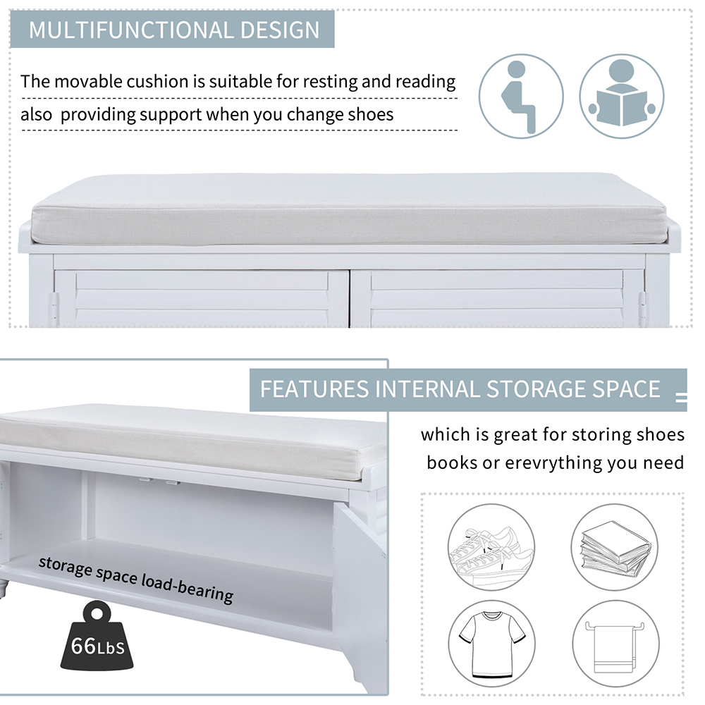 TREXM 43.4" Louver Design Upholstered Storage Bench with Removable Cushion, and Wooden Frame, for Entrance, Hallway, Bedroom, Living Room - White