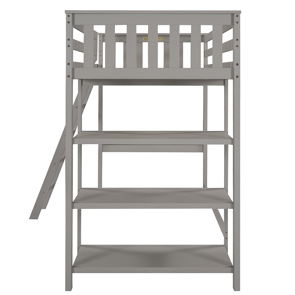 Twin-Size Loft Bed Frame with Storage Shelves, and Wooden Slats Support, Space-saving Design, No Box Spring Needed - Gray