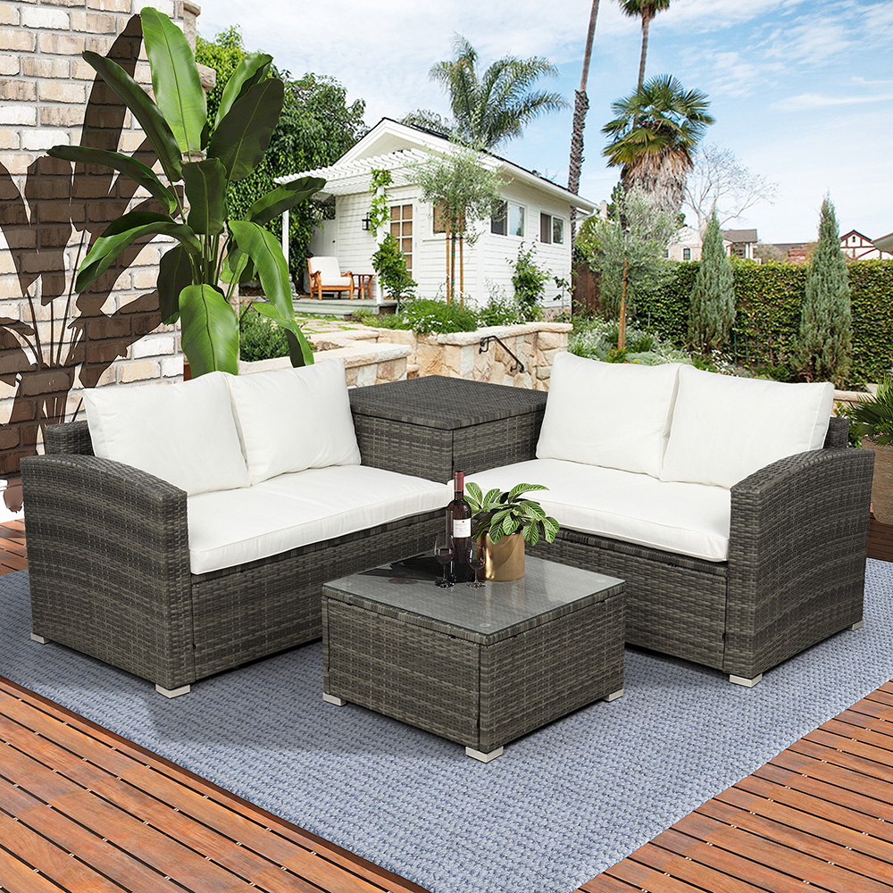 TOPMAX 4 Pieces Outdoor Rattan Furniture Set, Including 2 Loveseat Sofas, Coffee Table, and Storage Box, for Garden, Terrace, Porch, Poolside - Beige
