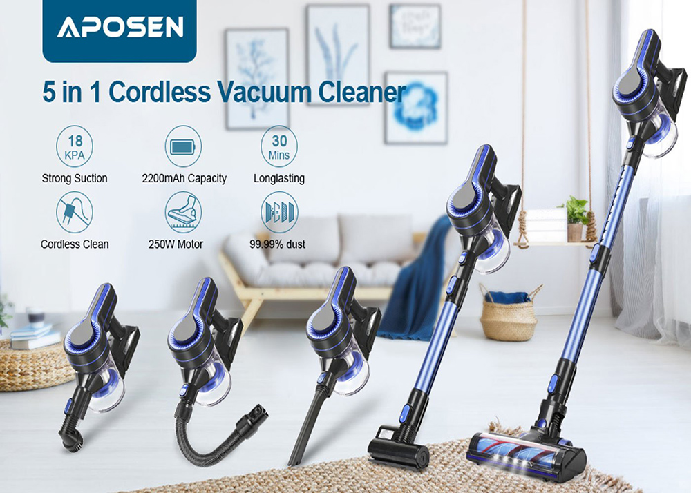 APOSEN H251 Cordless Vacuum Cleaner 250W Brushless Motor 24000pa Suction 2200mAh Battery 30 Minutes Run Time - Blue + Black