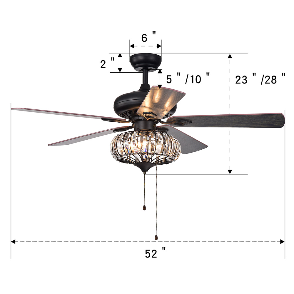 52" Metal Crystal Ceiling Fan Lamp with 5 Blades, and Remote Control, for Home, Office, Corridor - Black