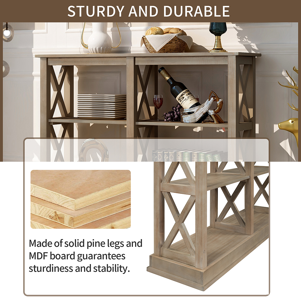 TREXM 46" Wooden Console Table with 3-Layer Open Storage Shelves, for Entrance, Hallway, Dining Room, Kitchen - White Wash