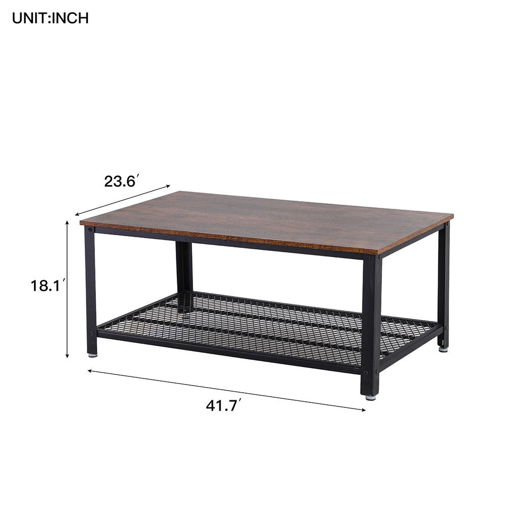 41.7" Rectangle Wooden Coffee Table, with Storage Shelf, and Metal Frame, for Kitchen, Restaurant, Office, Living Room, Cafe - Brown