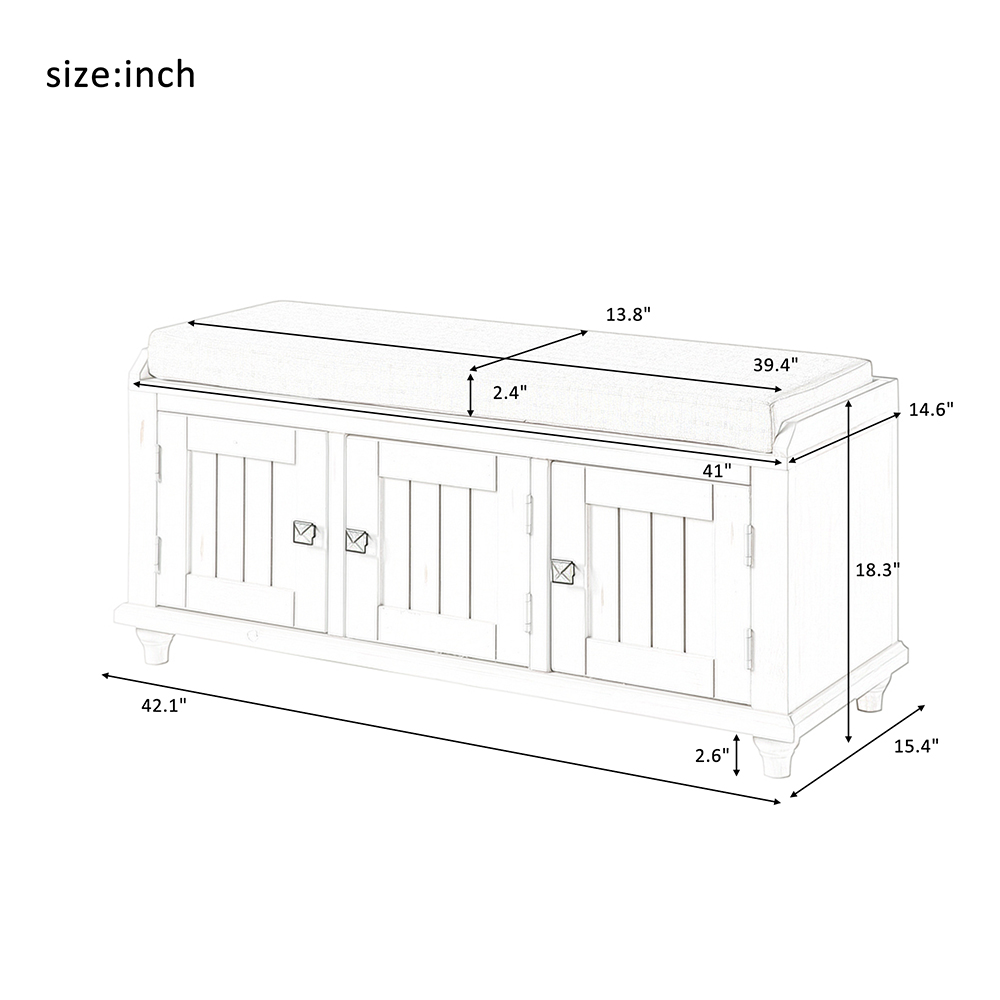 U-STYLE 42.1" Storage Bench with 2 Cabinets, and Wooden Frame, for Entrance, Hallway, Bedroom, Living Room - White