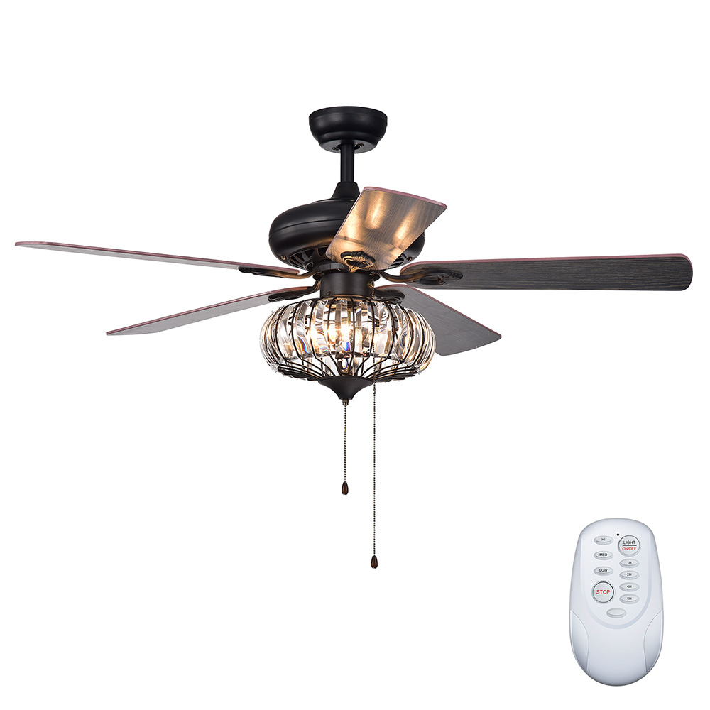 52" Metal Crystal Ceiling Fan Lamp with 5 Blades, and Remote Control, for Home, Office, Corridor - Black