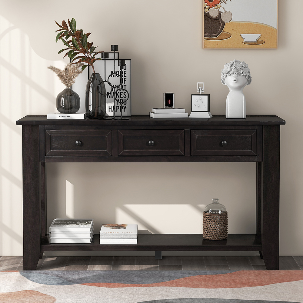 U-STYLE 55" Modern Style Wooden Console Table with 3 Storage Drawers, and Bottom Shelf, for Entrance, Hallway, Dining Room, Kitchen - Espresso