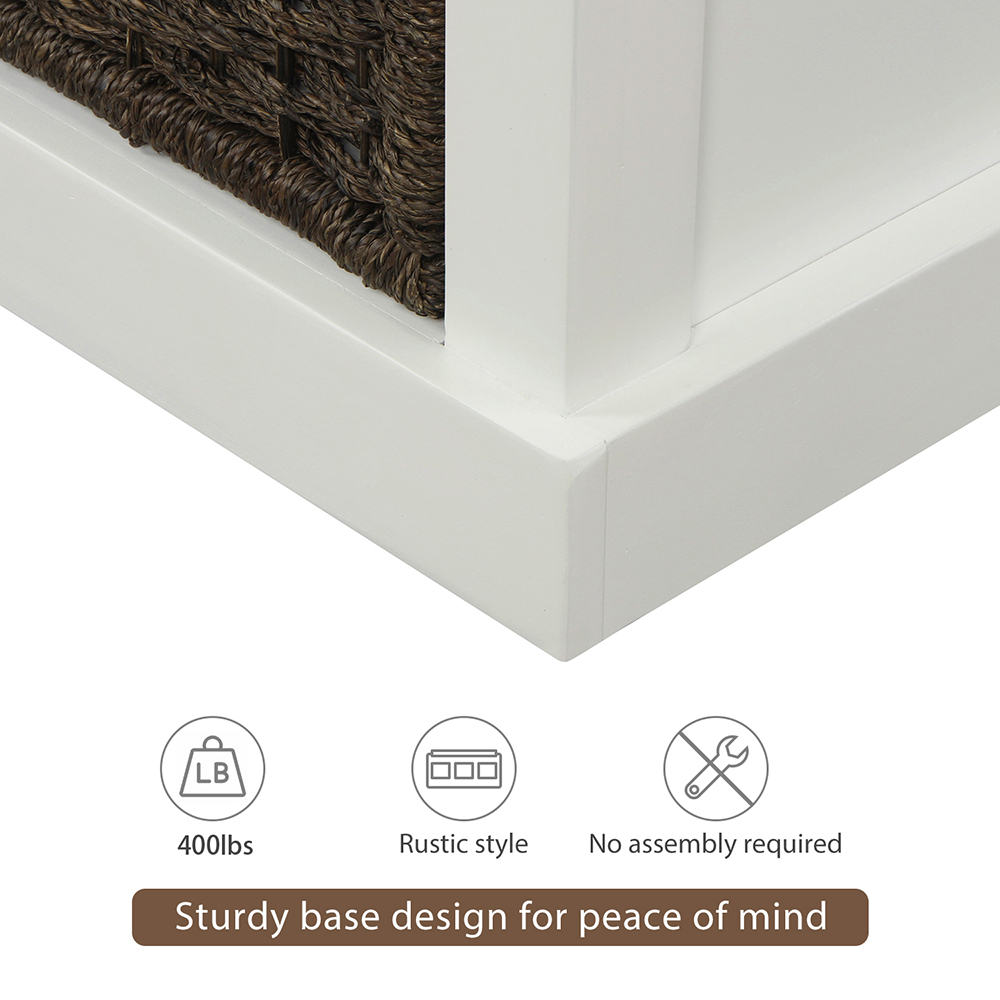 TREXM 43.7" Rustic Style Wooden Storage Bench With 3 Removable Rattan Basket, For Entrance, Hallway, Bedroom - White 9 TREXM 43.7" Rustic Style Wooden Storage Bench with 3 Removable Rattan Basket, for Entrance, Hallway, Bedroom - White