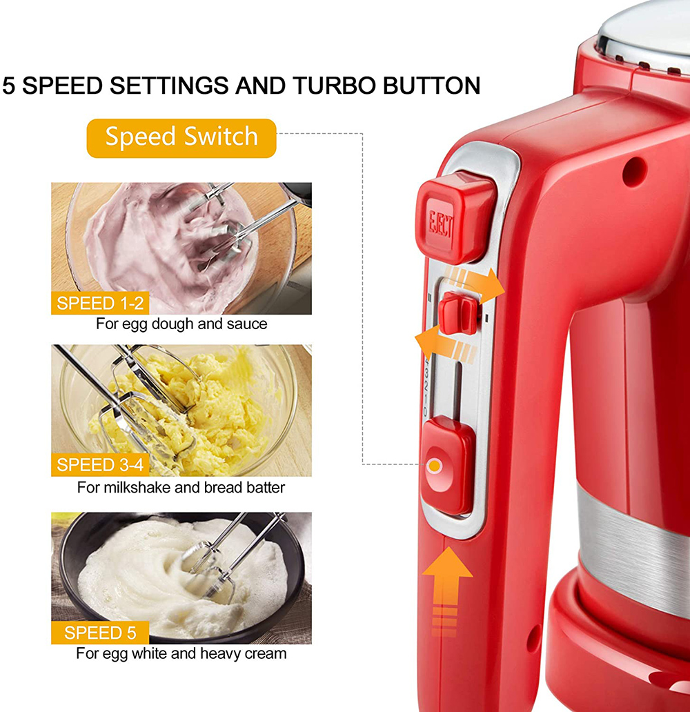 Handheld Electric Mixer 300W Power 5 Speeds Fast Heat Dissipation, Overheat Protection with Storage Base - Red