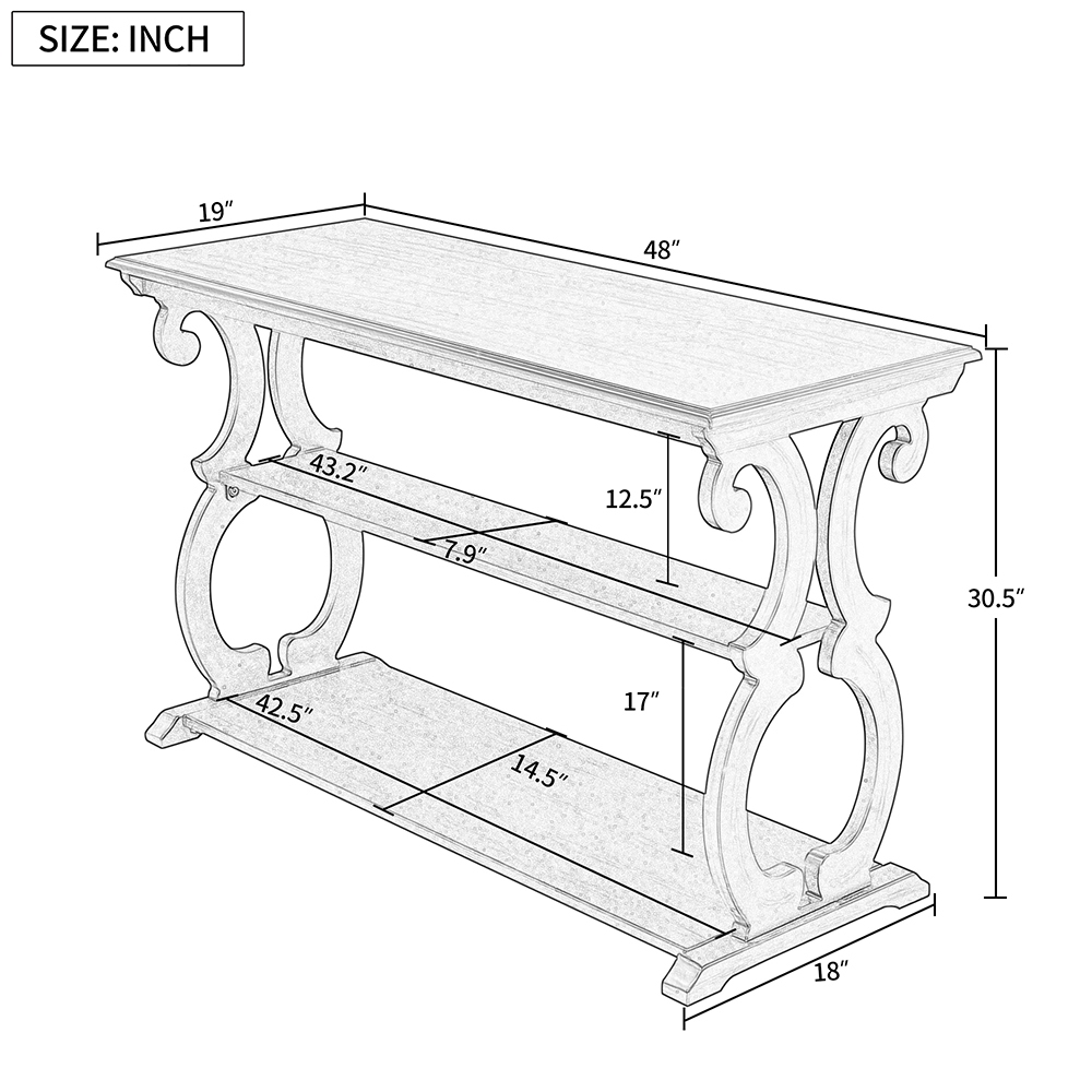 TREXM 48" Vintage Carved Design  Wooden Console Table with 3-Layer Open Storage Shelf, for Entrance, Hallway, Dining Room, Kitchen - Black