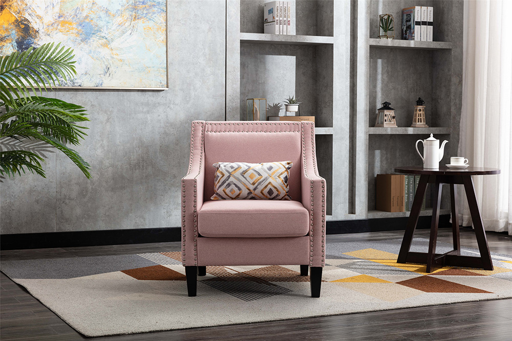 COOLMORE Linen Fabric Upholstered Sofa Chair with Nailheads, and Solid Wood Legs, for Living Room, Bedroom, Office, Apartment - Pink