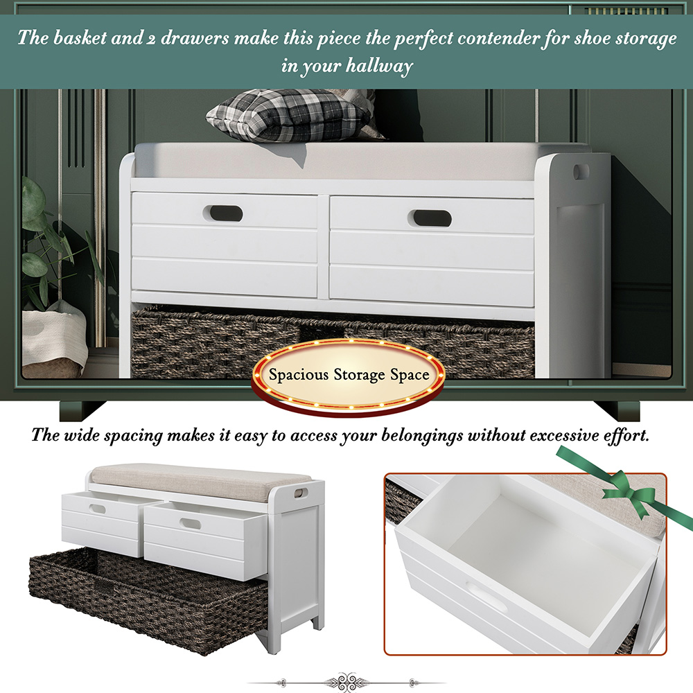 TREXM 32" Linen Blend Storage Bench with Removable Basket and 2 Drawers, for Entrance, Hallway, Bedroom - White