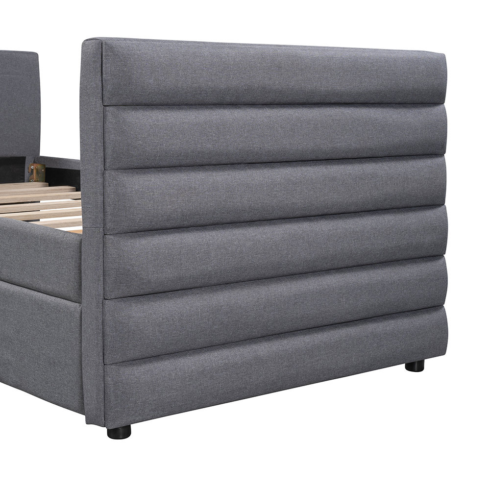 Twin-Size Linen Upholstered Daybed with 2 Storage Drawers, Headboard and Wooden Slats Support, No Box Spring Needed (Only Frame) - Gray
