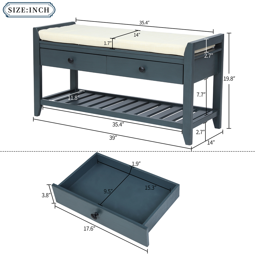 TREXM 39'' Console Bench with 2 Storage Drawers and Mesh Shoe Shelf, for Entrance Hallway, Dining Room, Bedroom - Antique Navy