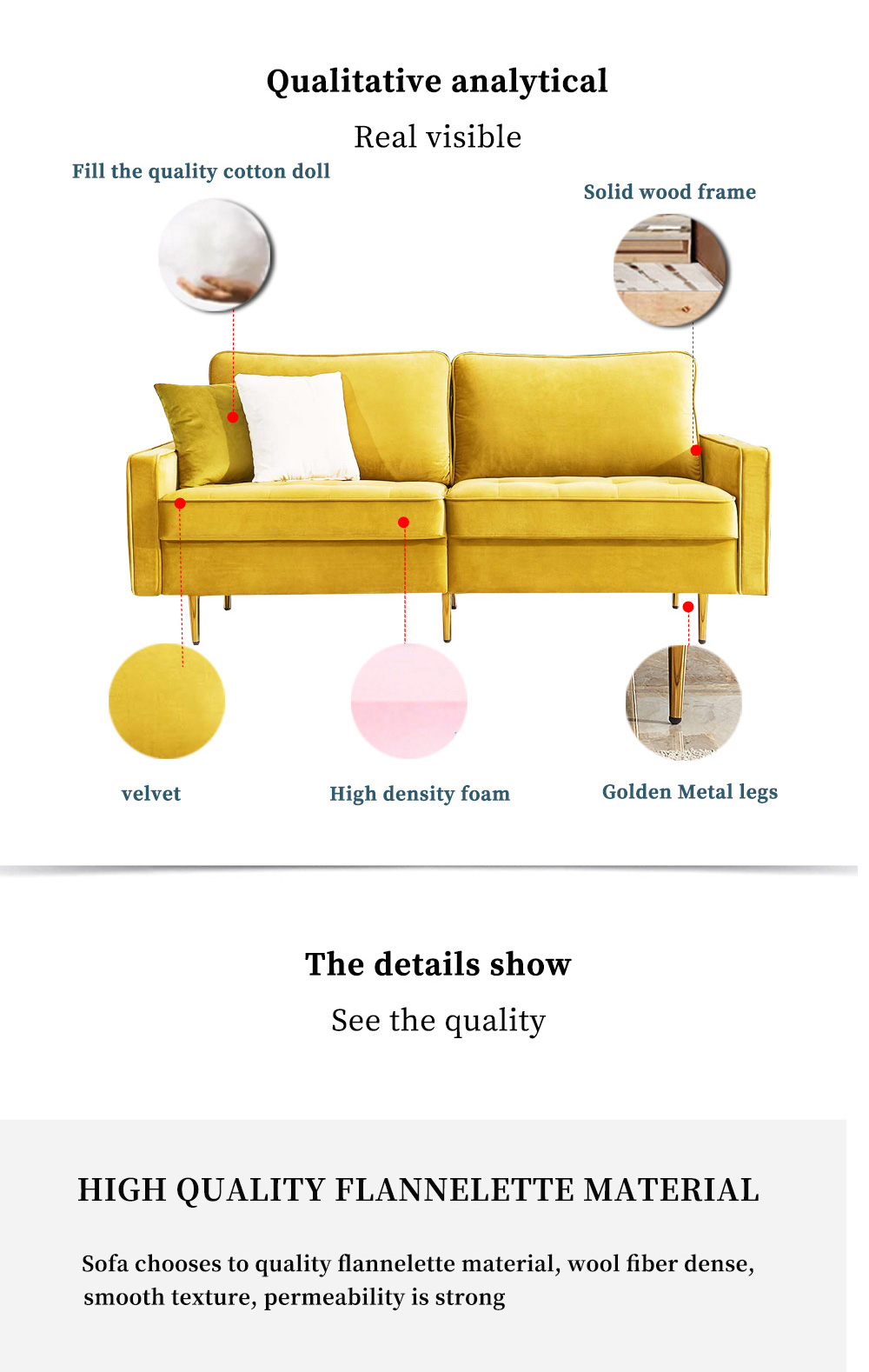 71" 3-Seat Velvet Upholstered Sofa with 2 Pillows, Wooden Frame and Metal Feet, for Living Room, Bedroom, Office, Apartment - Yellow