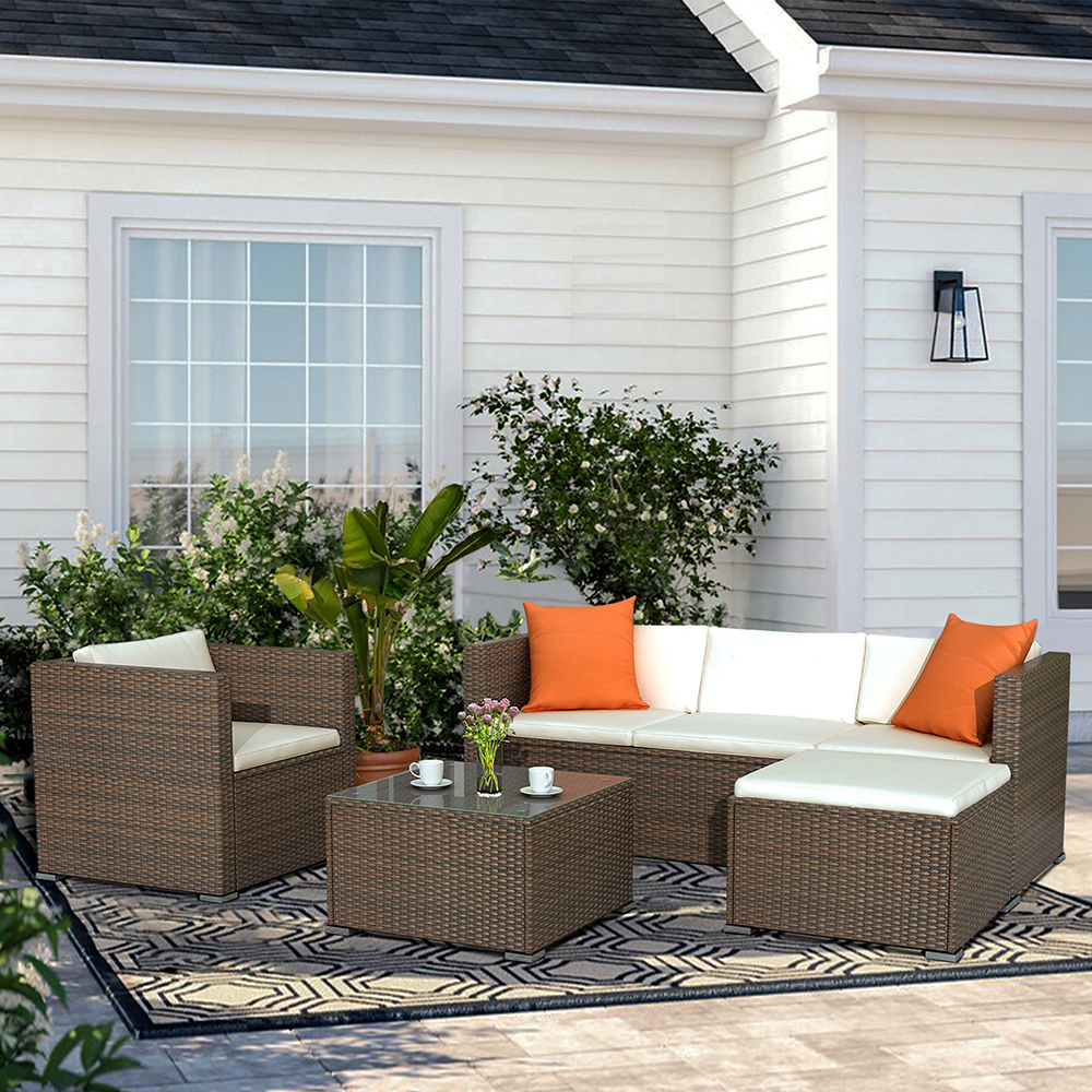 TOPMAX 4 Pieces Outdoor Rattan Furniture Set, Including Armchair, 3-seat Sofa, Coffee Table, and Ottoman, for Garden, Terrace, Porch, Poolside - Brown