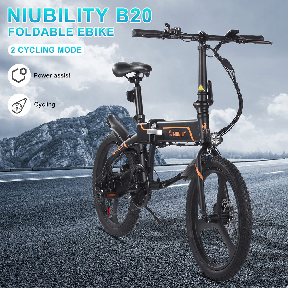 NIUBILITY B20 Electric Moped Folding Bike 20 inch 42V 10.4Ah Battery 40km -50km Mileage 350W Motor Max 25km/h  Double Disc Brake Variable Speed System SHIMANO 6-Speed rear derailleur LED Light - Black