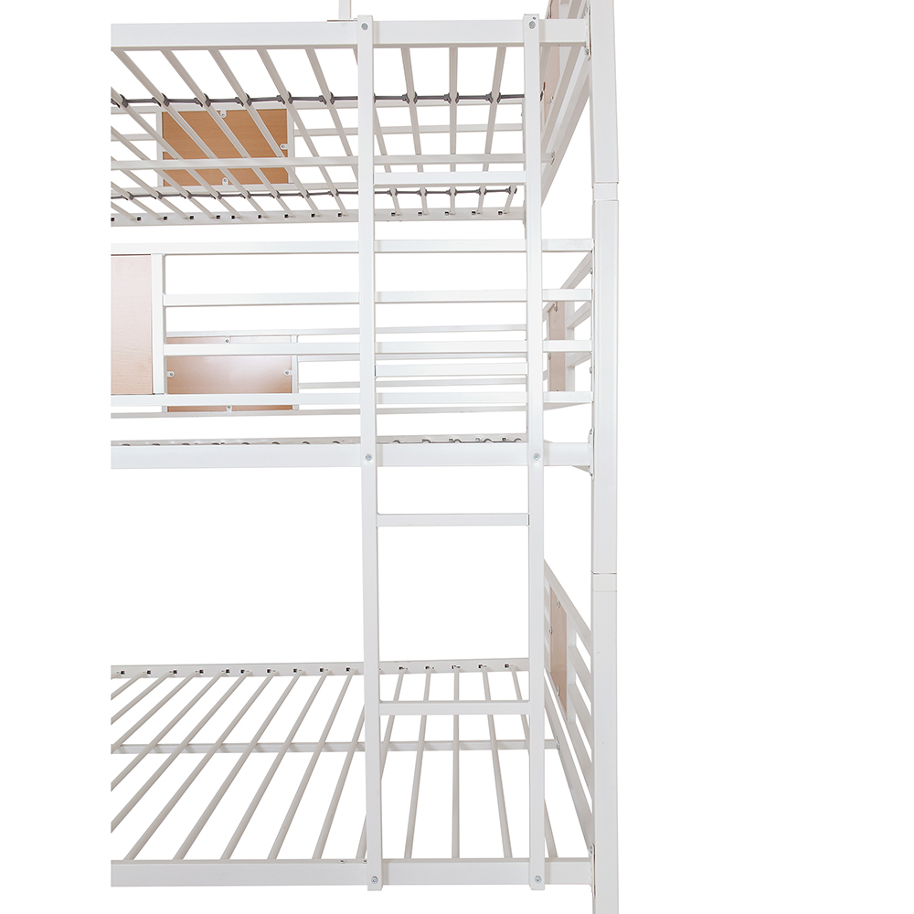 Full-Full-Full Size Triple Bed Frame with Ladders and Steel Slats Support, No Box Spring Needed, Space-saving Design, Suitable for Families with Multiple Children (Only Frame) - White