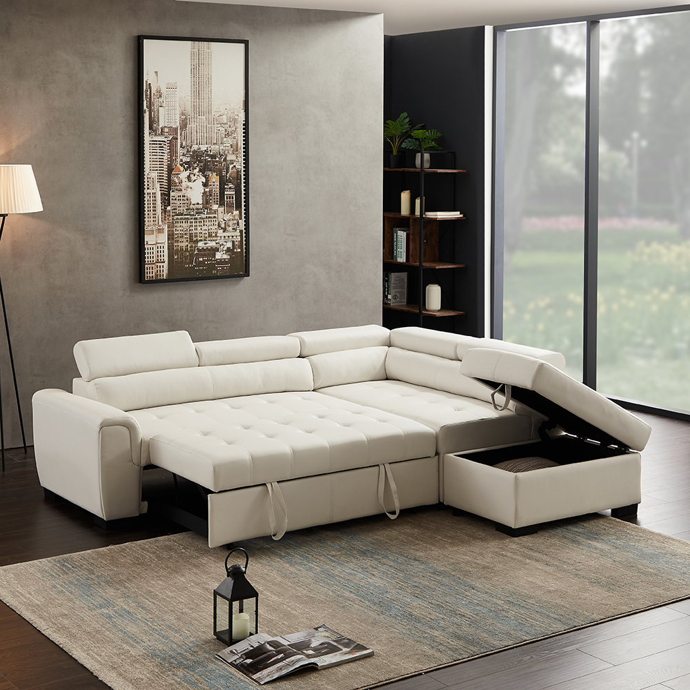 95.3" 5-Seat L-shaped Corner Leather Sofa Bed with Storage Ottoman, Wooden Frame, and Plastic Feet, for Living Room, Bedroom, Office, Apartment - White