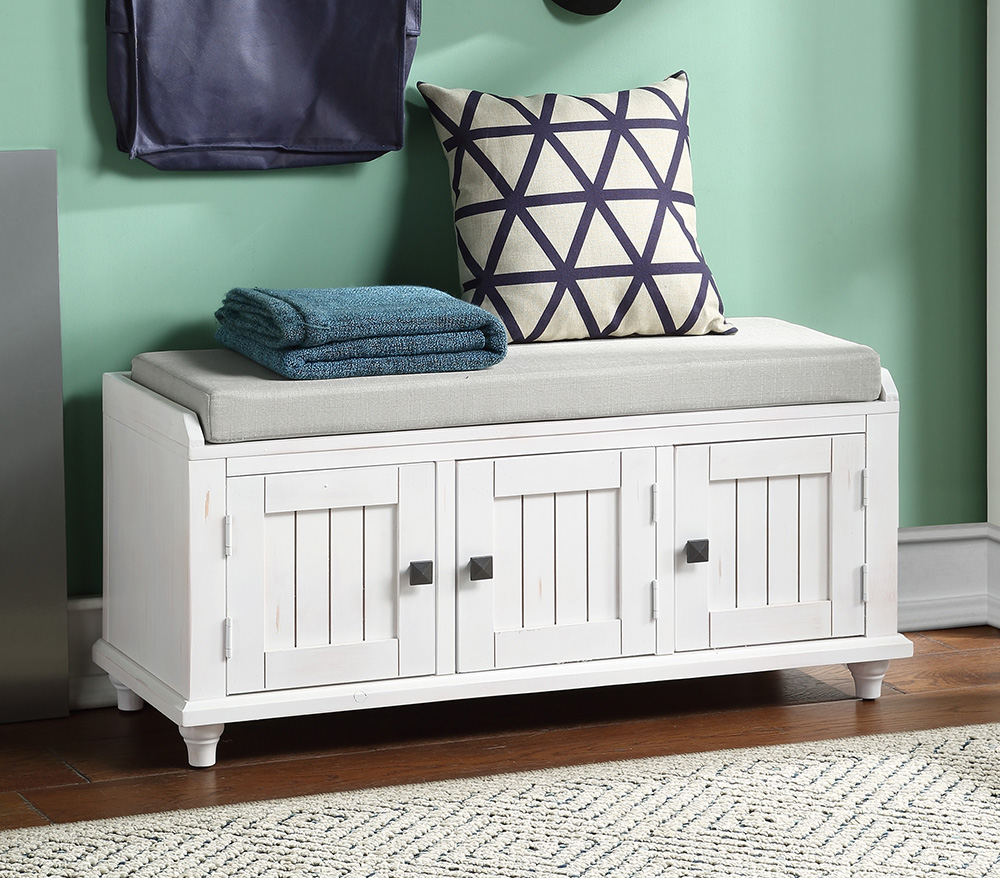 U-STYLE 42.1" Storage Bench with 2 Cabinets, and Wooden Frame, for Entrance, Hallway, Bedroom, Living Room - White
