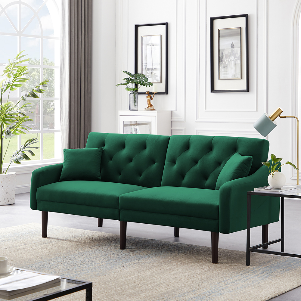 74.8" Velvet Upholstered Sofa Bed with 2 Pillows, Tufted Backrest, and Rubber Wood Legs, for Living Room, Bedroom, Office, Apartment - Green