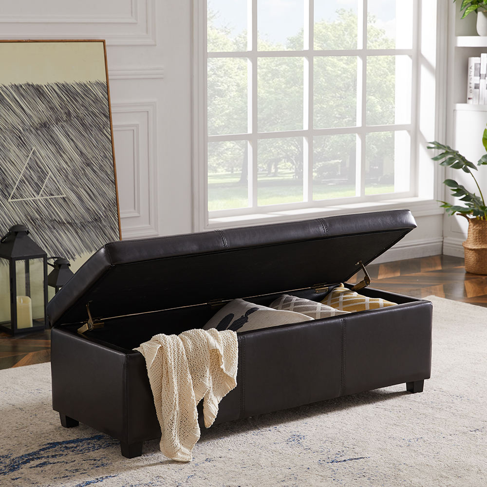 48" PU Leather Storage Bench with Wooden Legs, for Entrance, Hallway, Bedroom, Living Room - Black